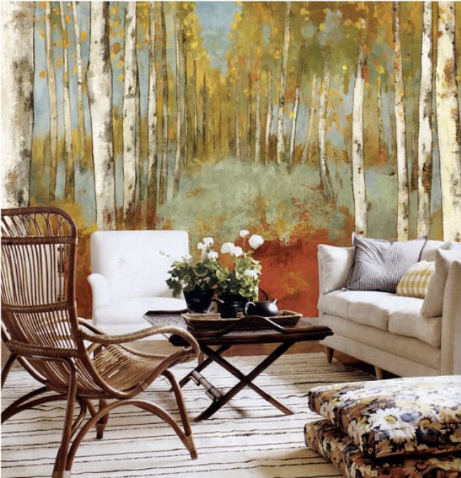 Painted wall mural featuring a birch tree forest