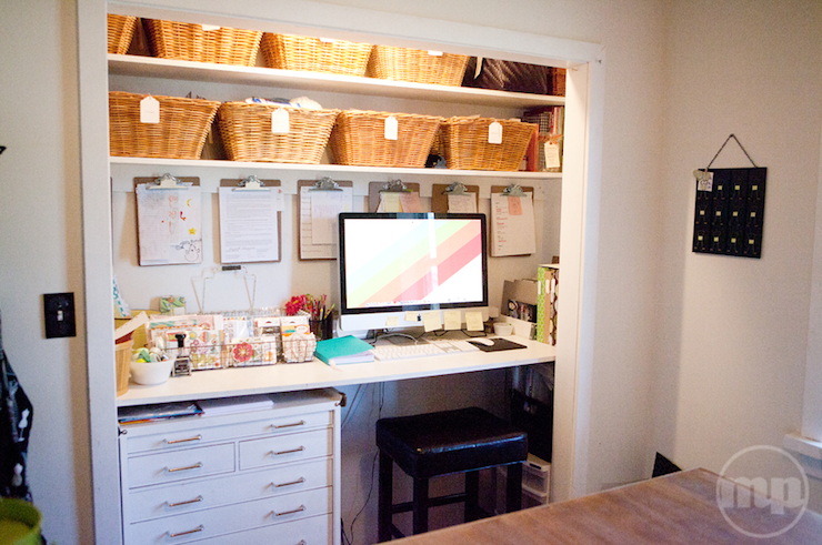 Baskets help keep the workspace organized