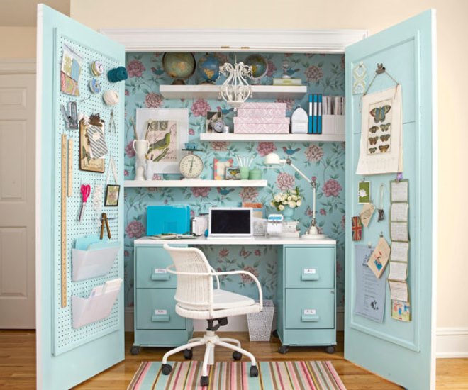 Gorgeous closet workspace in pastel blue