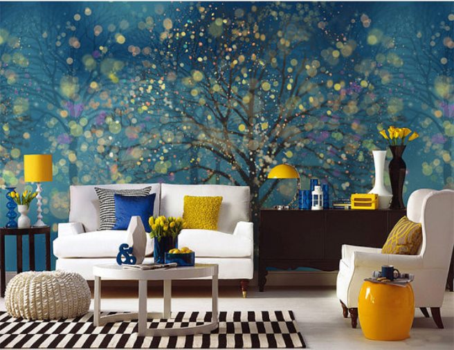 Fantasy forest wall mural seems inspired by Van Gogh's Starry Nights!