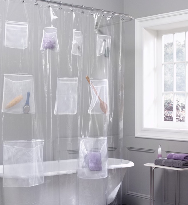 Ingenious shower curtain with storage options