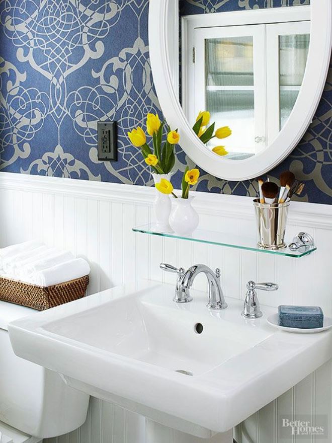 Lovely, sleek glass shelf above the sink