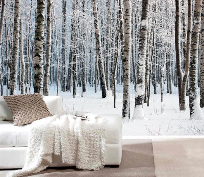 Snow-covered forest wall mural for the contemporary bedroom