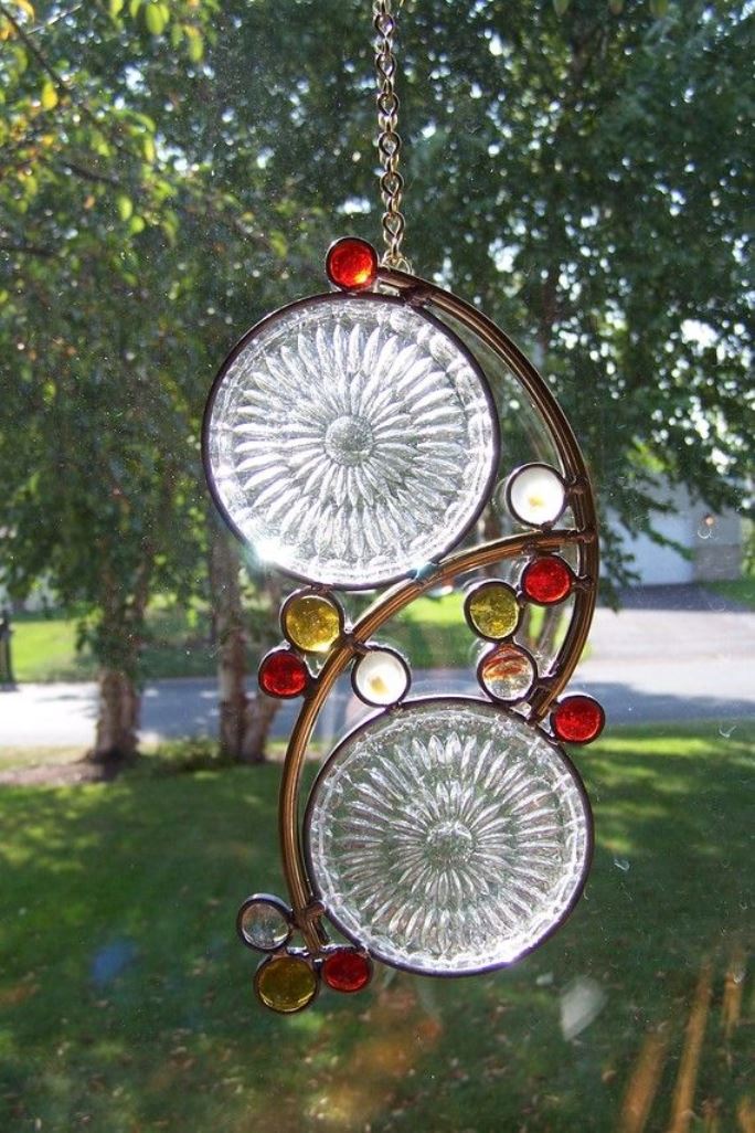 Leaded Stained Glass Round Sun Catcher Plum Star of David  Hanging 7'' 