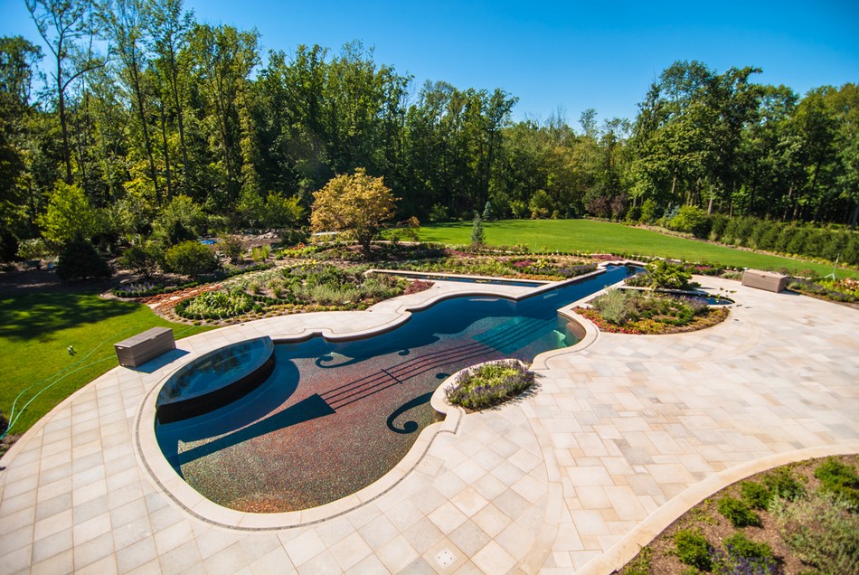 Backyard pool shaped like a 1700s era Stradivarius violin