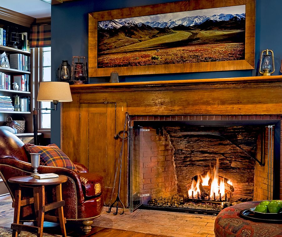 A cozy reading nook next to the fireplace in the home office