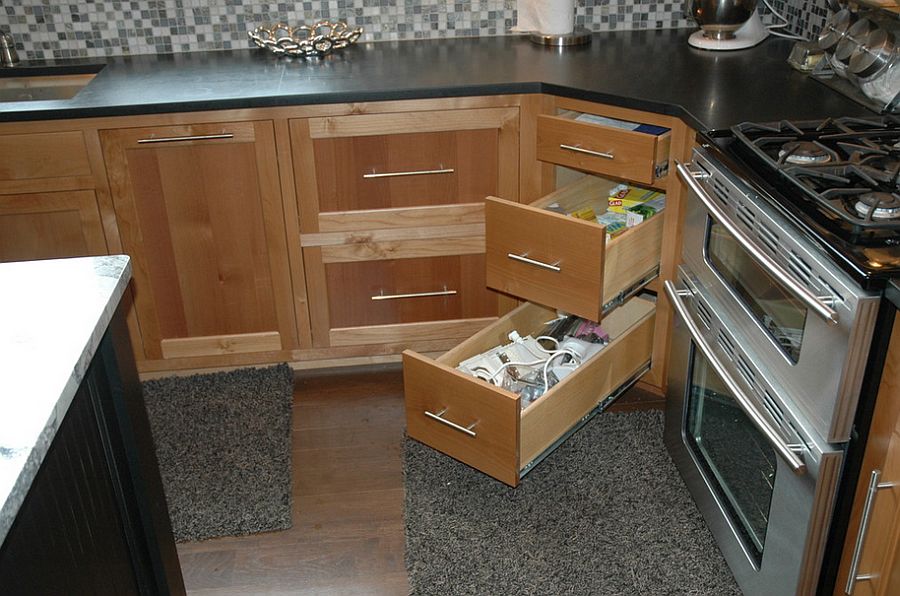 A more traditional approach to corner cabinetry in the kitchen [Design: Custom Corners LLC]