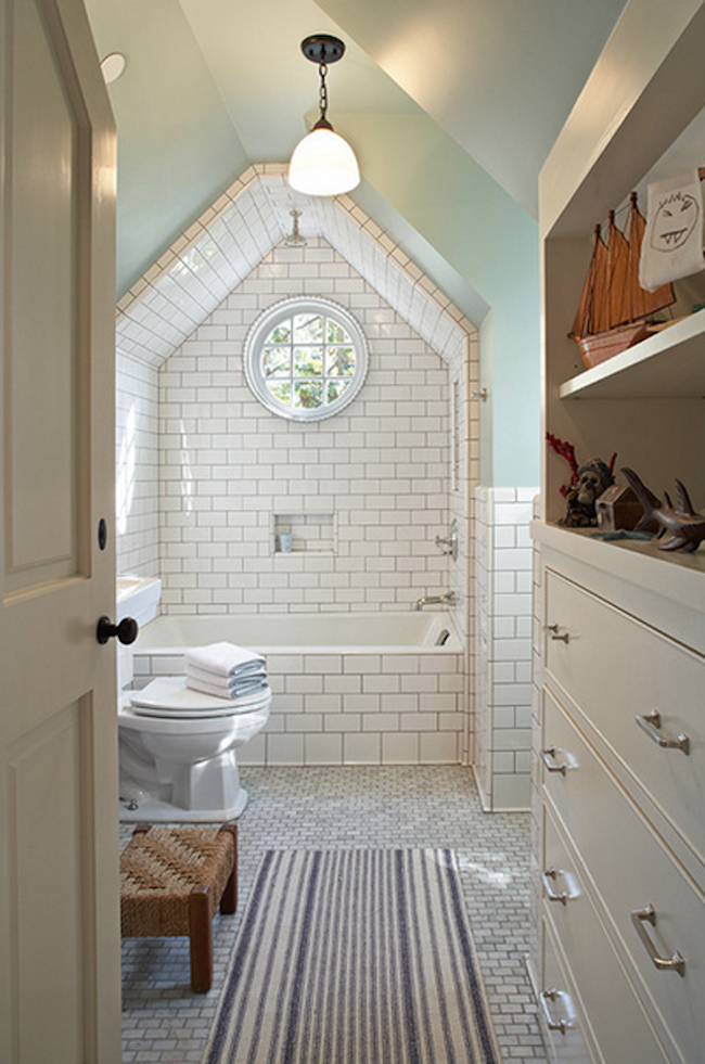 Amazing white tile framed over bathtub