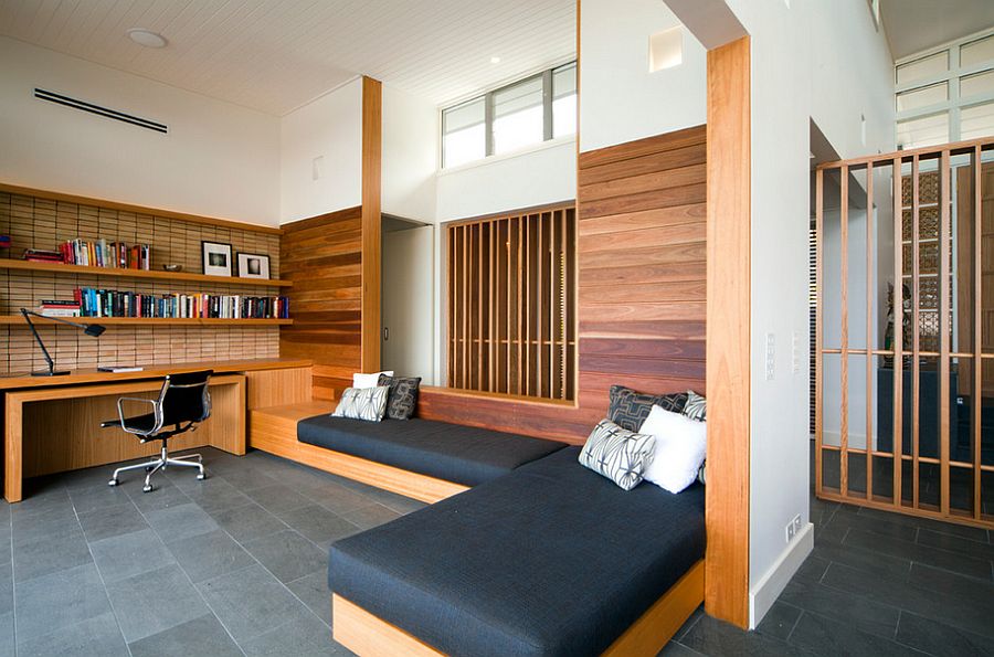 Ample space for overnight guests with daybeds in the home office [Design: justin long design]