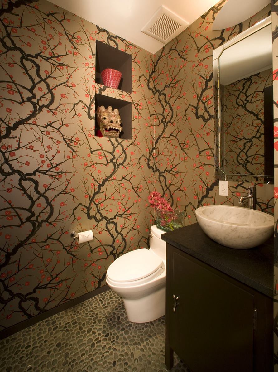 Asian flair in a bathroom with cherry blossom wallpaper