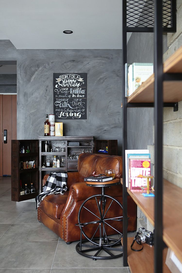 Awesome man cave with a mini bar and plush seating