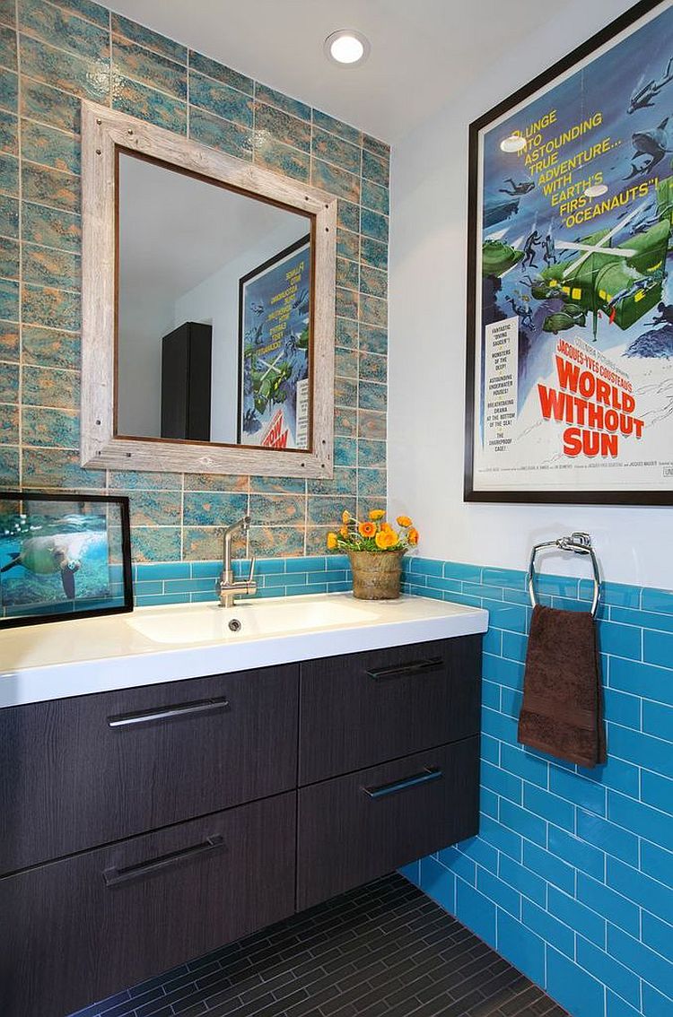 Bathroom walls come to life with a poster of documentary made by legendary oceanographer Jacques Cousteau!