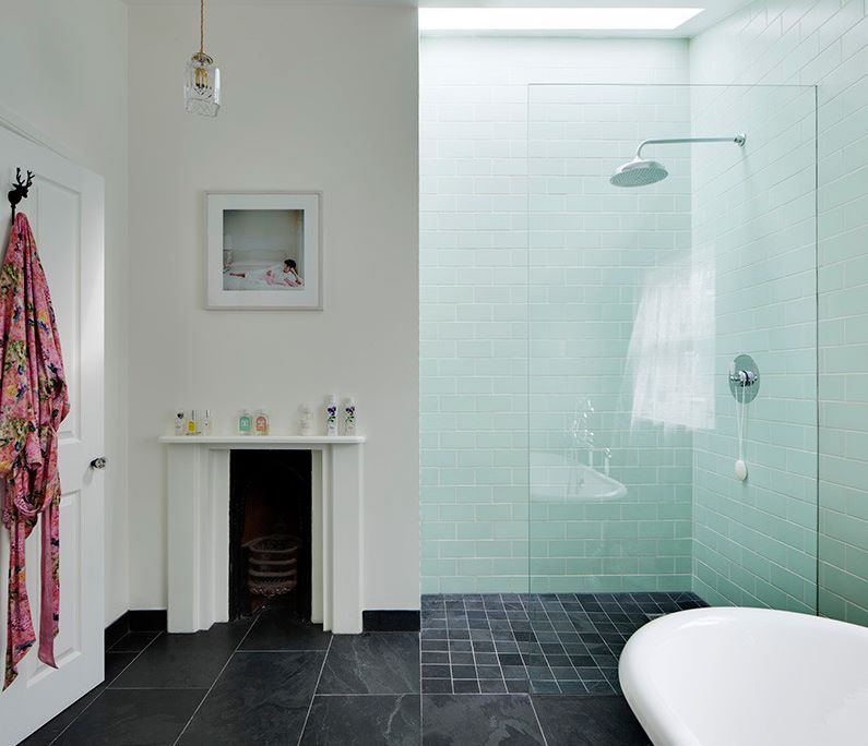 Bathroom with large floor tiles