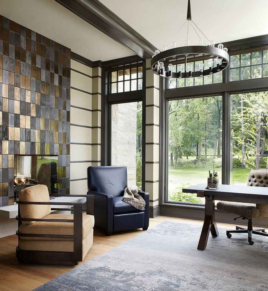 Beautiful tile around the home office fireplace [Design: Morgante Wilson Architects]