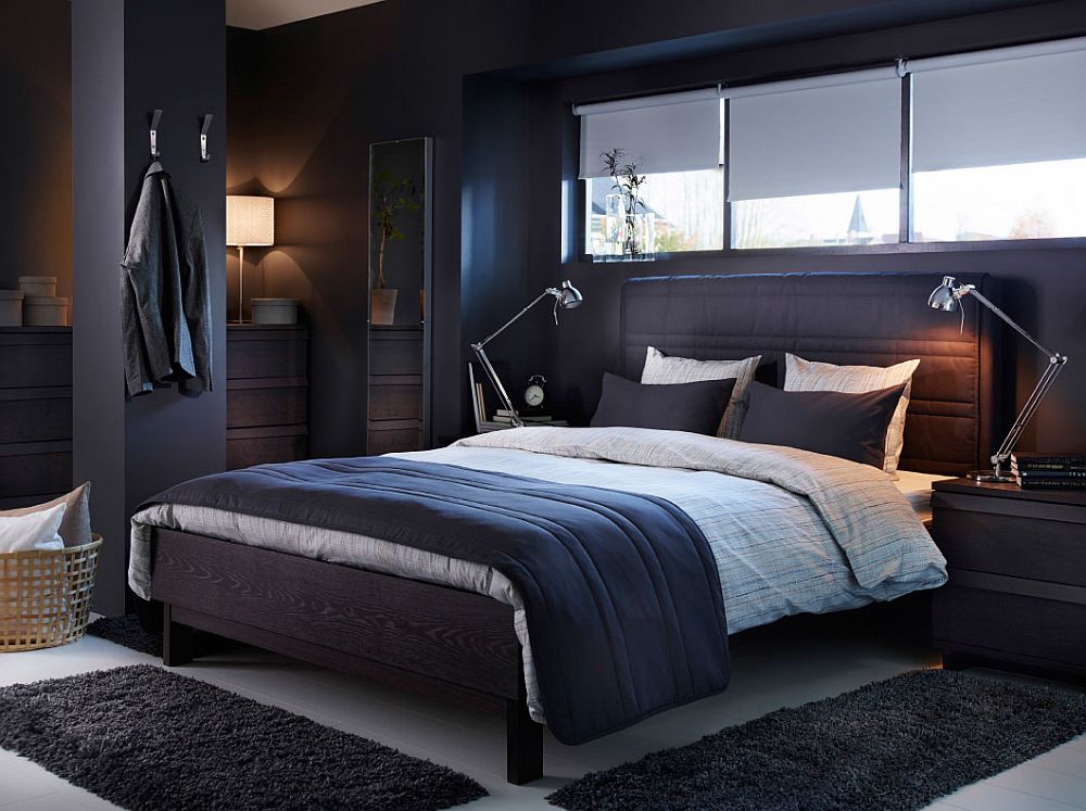 Bedroom with dark, moody look, matching bedframe ushers in a sense of sophistication