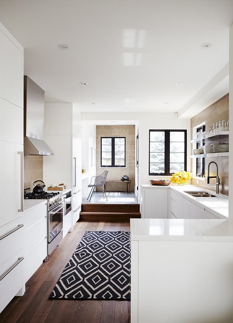 Black and white kilim rug in a modern kitchen