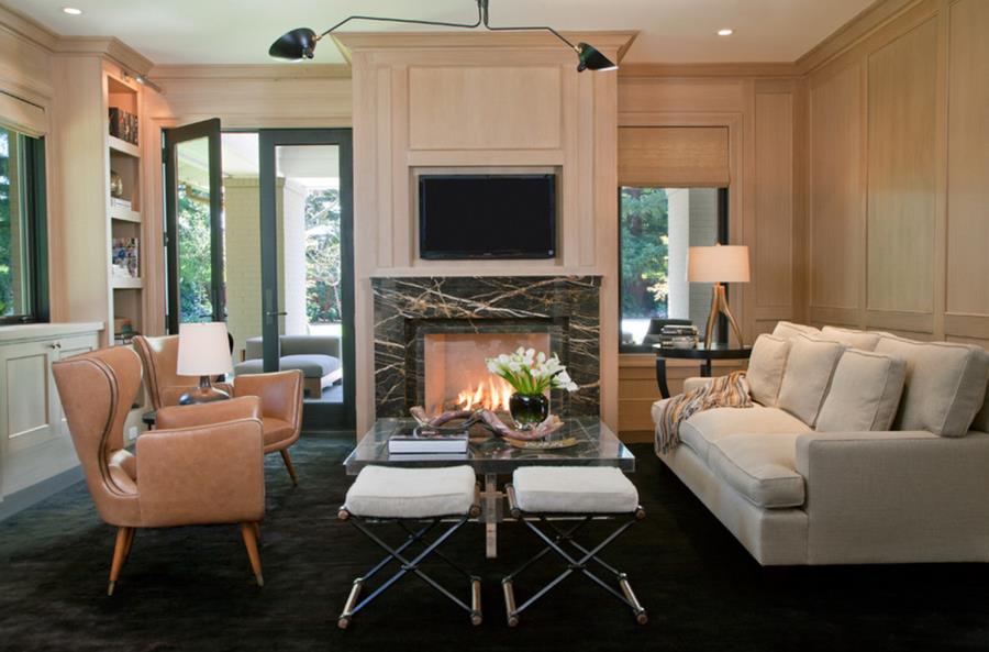 Black carpeting in a chic family room