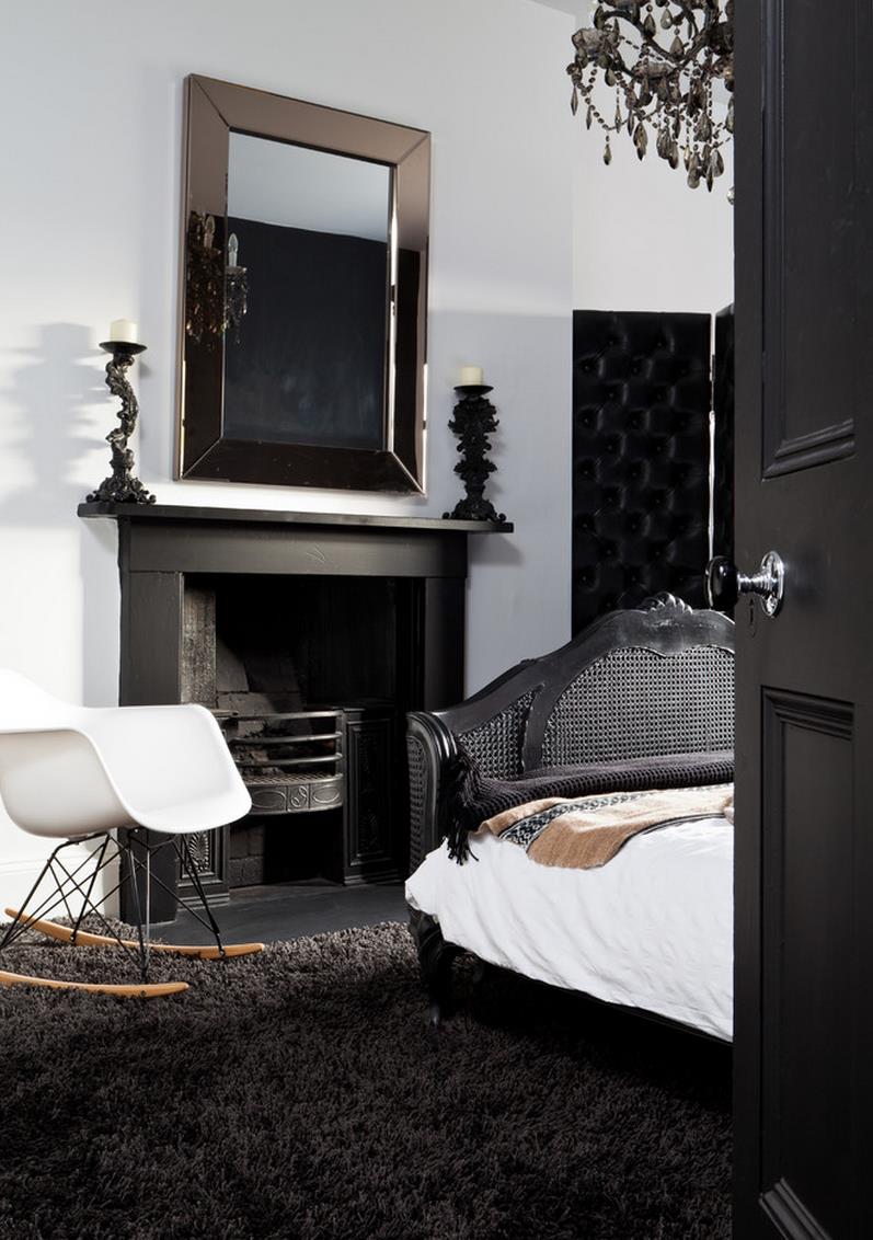 Black shag carpeting in an elegant bedroom