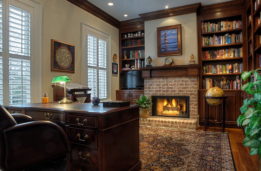 Brick fireplace in the home office is a classic that never fades away [Design: Suiter Construction Company]