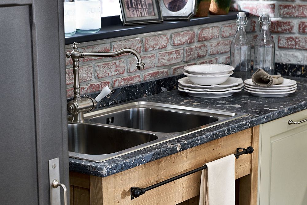 Brick wall and marble countertop for the modern vintage kitchen