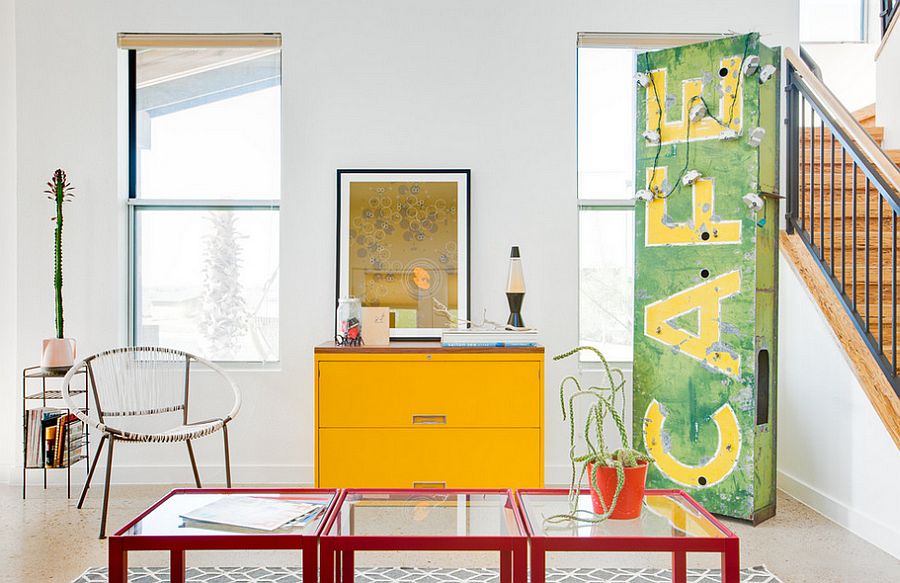 Bright pops of color in the living room coupled with vintage charm