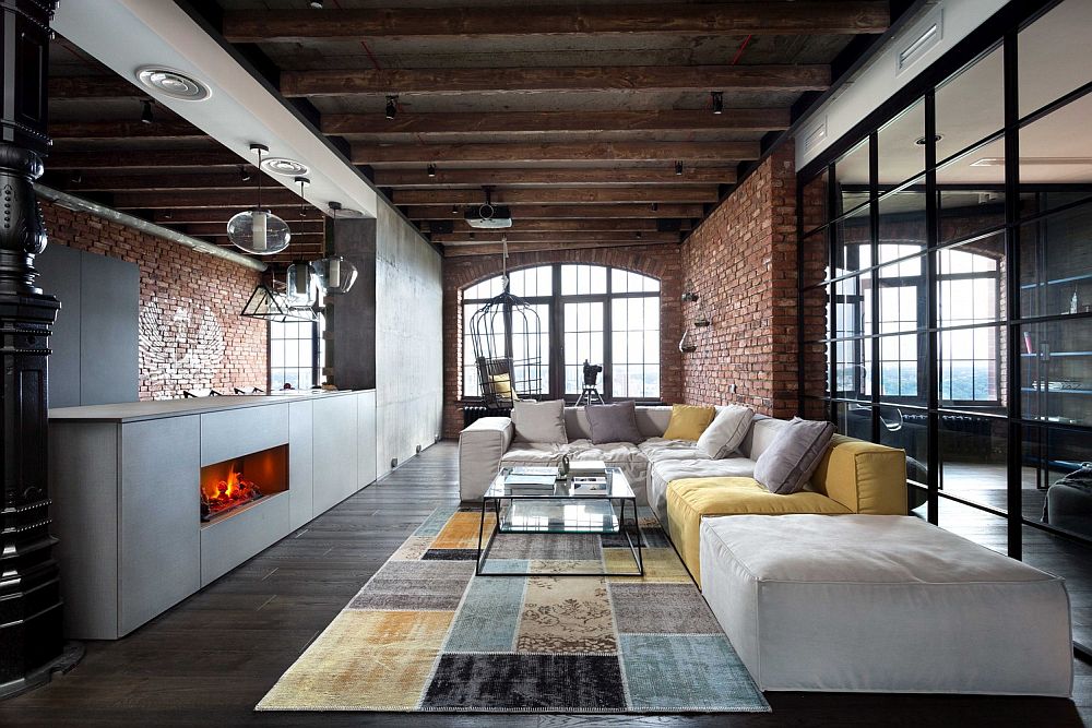 Brilliant Kiev loft living space with brick and glass walls and a wooden ceiling