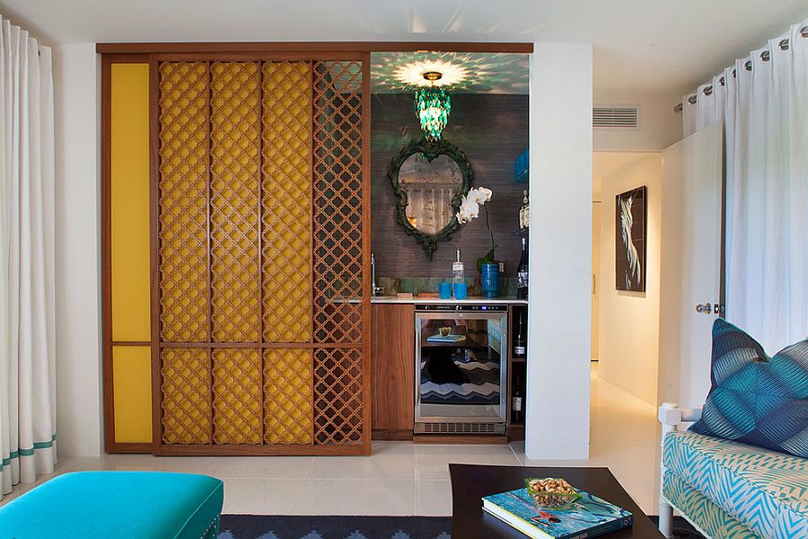 Built-in home bar in the family room with Moroccan flair