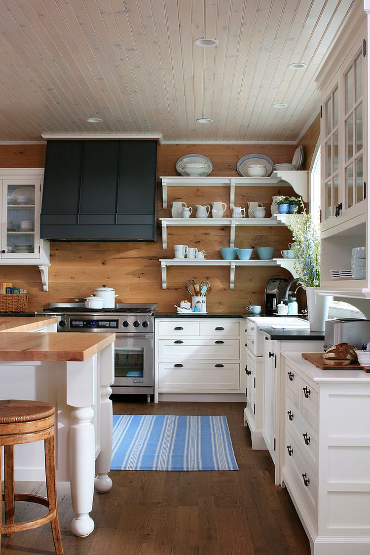 Ceiling and rug add stripes to this lovely traditional kitchen