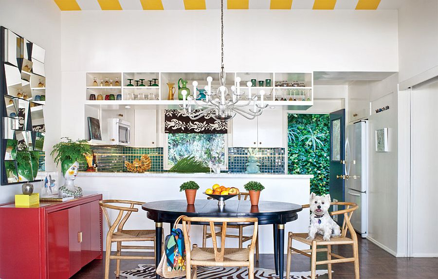 Ceiling with yellow and white stripes for the modern kitchen