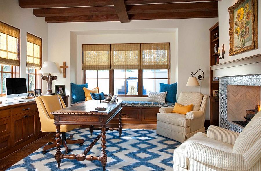 Cheerful and serene Mediterranean style home office [Design: Astleford Interiors]