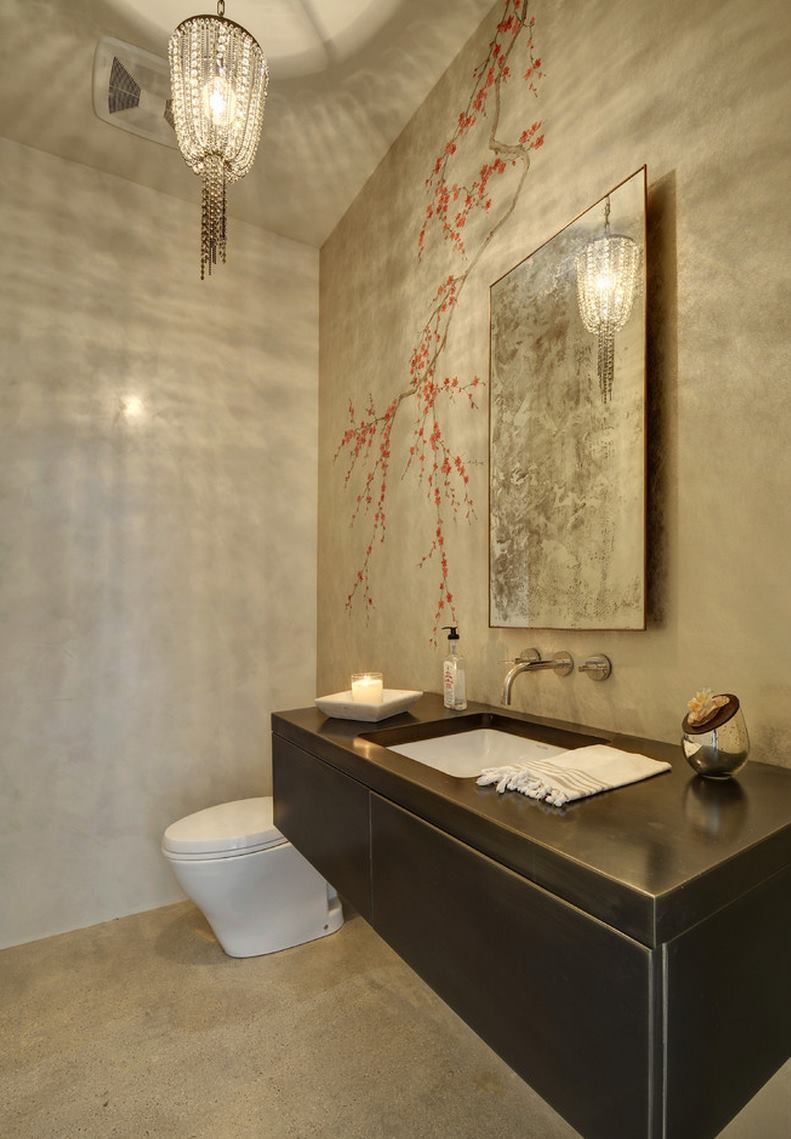 Cherry blossom mural in a contemporary bathroom