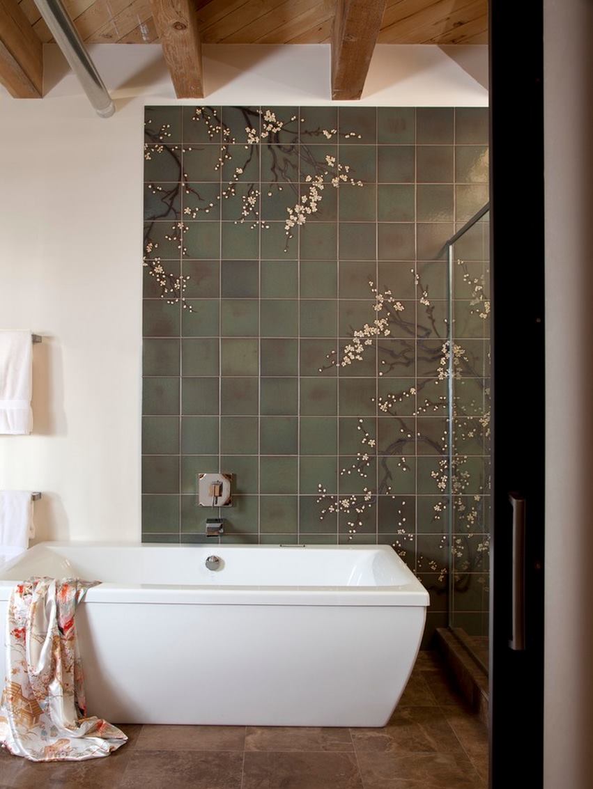 Cherry blossom mural in a modern bathroom