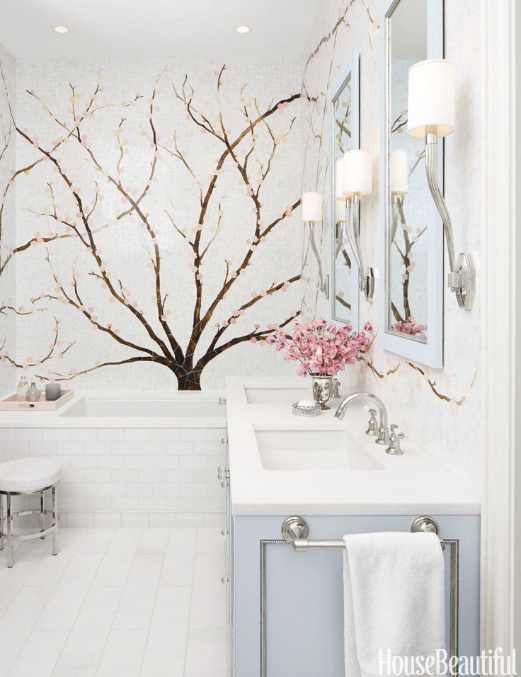 Cherry blossom tile mural in a crisp white bathroom