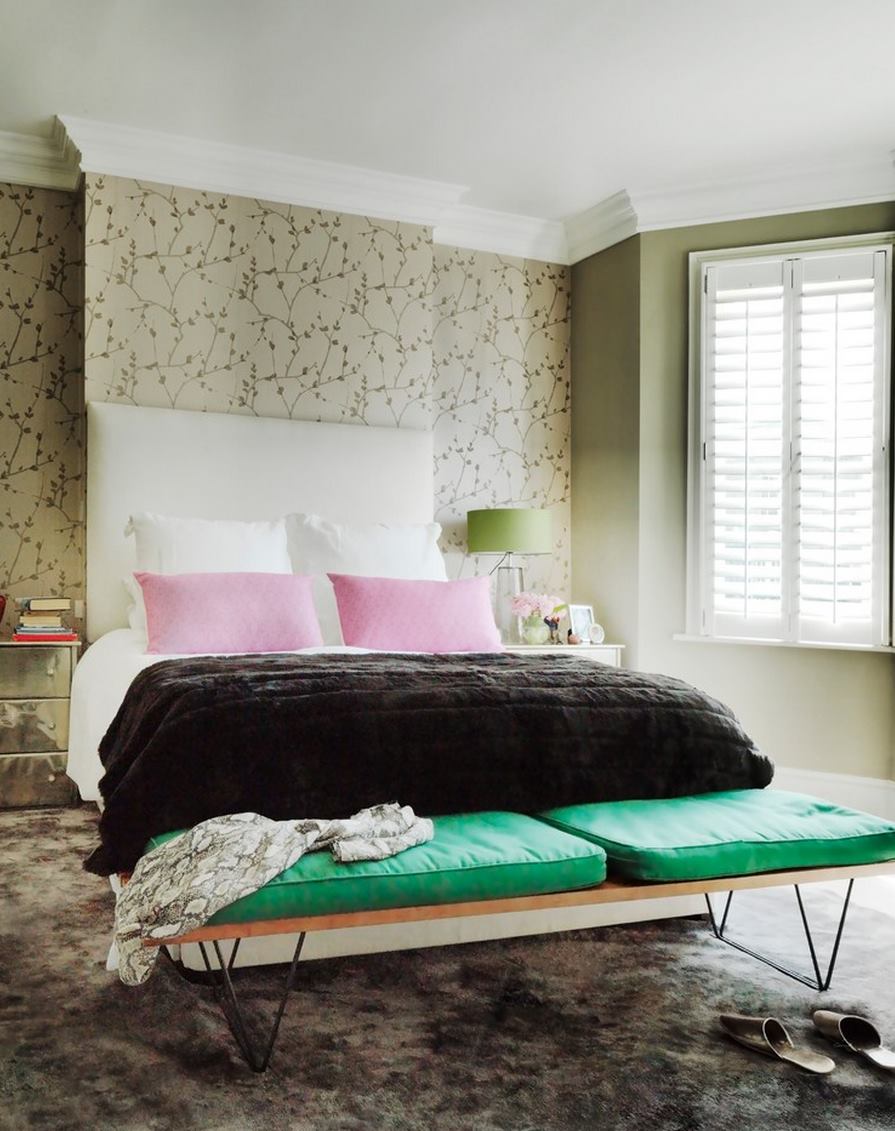 Cherry blossom wallpaper in a decadent bedroom