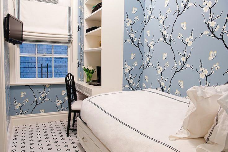 Cherry blossom wallpaper in a small bedroom