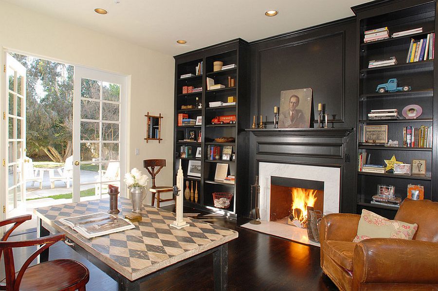 Home Office With Fireplace, White Fireplace Black Bookshelves