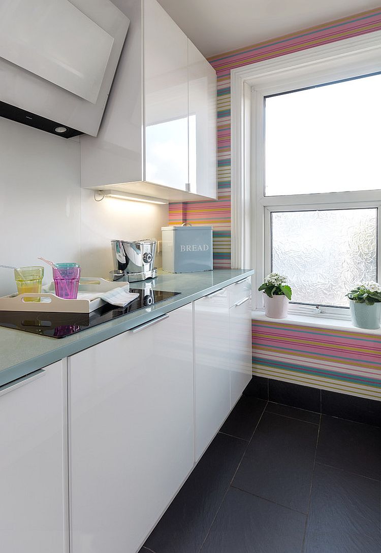 Colorful striped wall for the kitchen in white