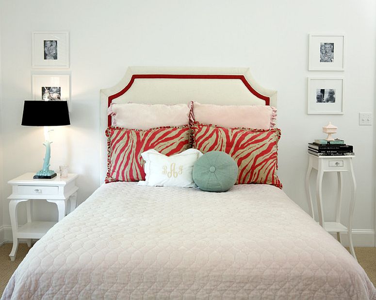 Contrasting bedside tables still share a common style