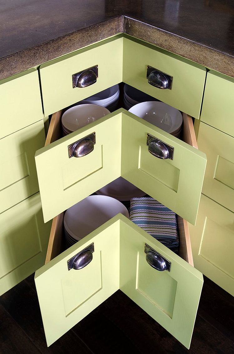 Cool corner pullout drawers for the contemporary kitchen in olive green [Design: Kristina Crestin Design]