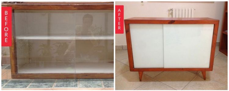 Painted glass panel for the cool restored credenza