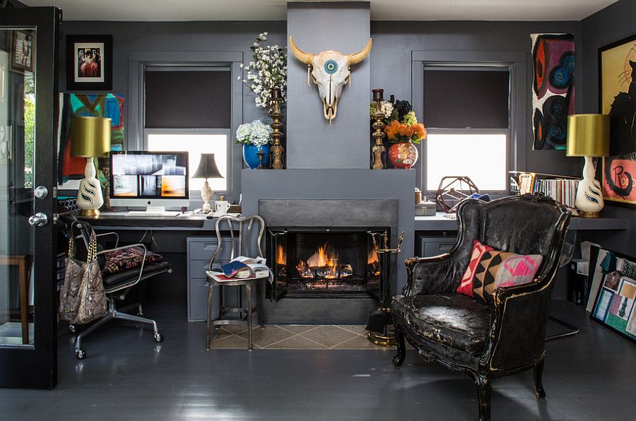 Dark and eclectic home office is a bold choice