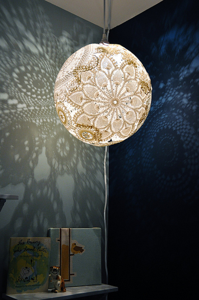 Doily lace lamp that projects designs on walls