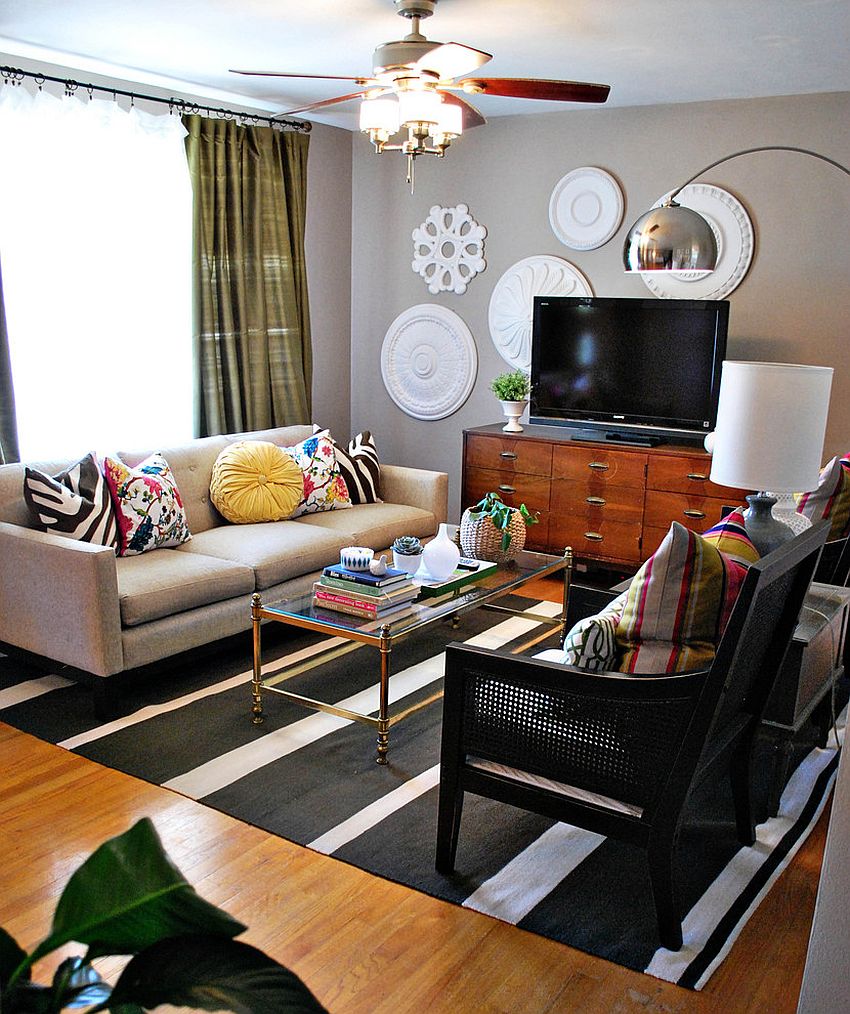 Eclectic living room with pops of color and wall art