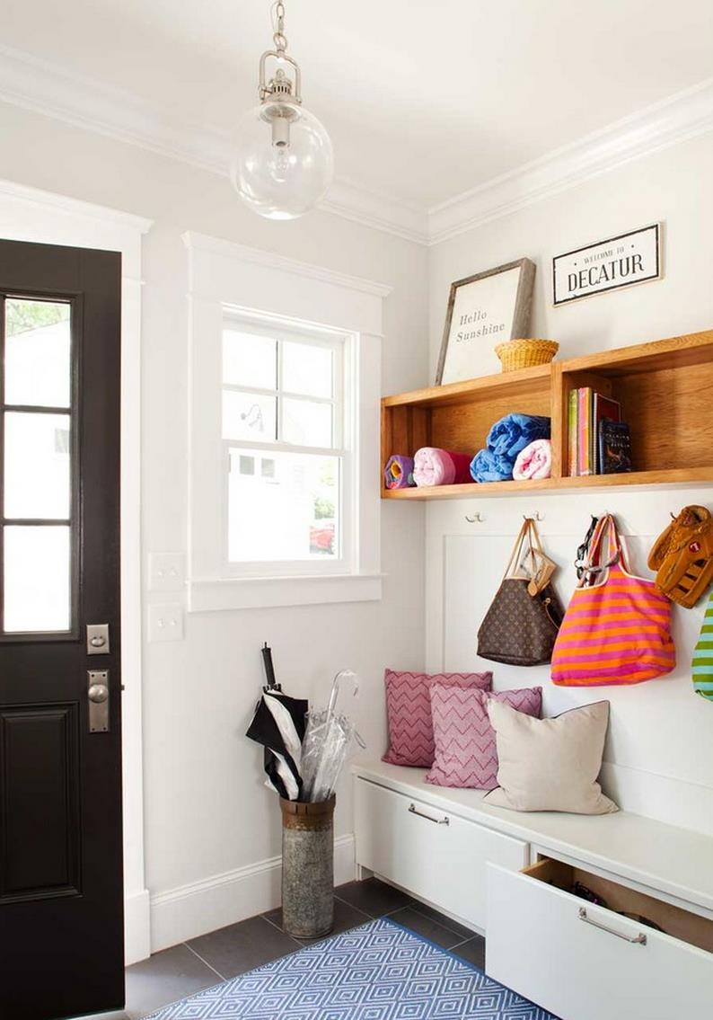 Entryway storage with overhead shelving