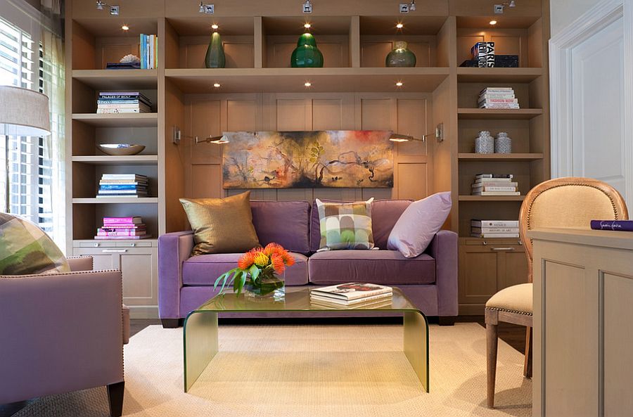 Fabulous sleeper sofa in purple and sconce lighting for the guest bedroom