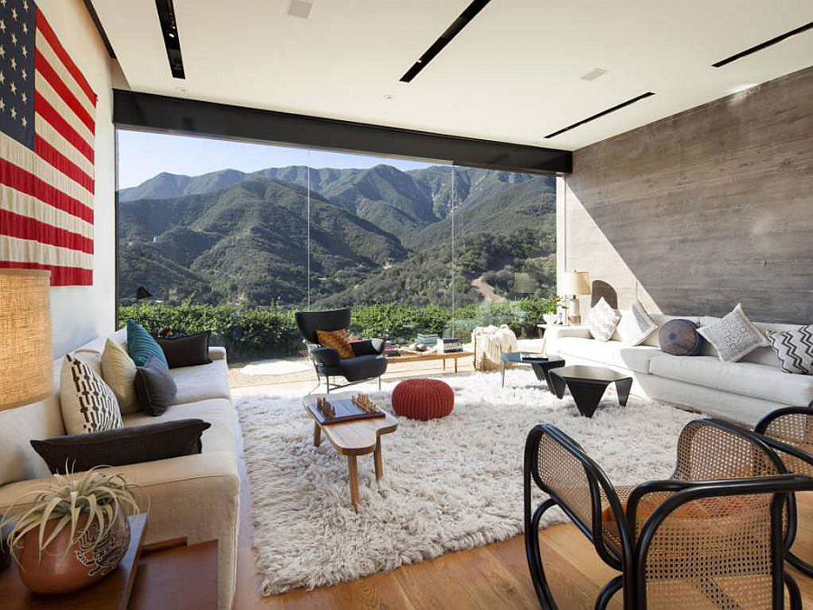 Giant US flag adds color to the living room with spectacular mountain view