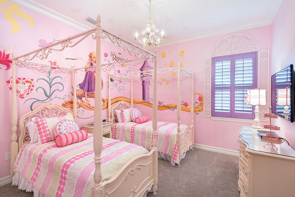 Glamorous girls' bedroom inspired by Disney's Rapunzel [Design: Legacy Custom Built Homes]