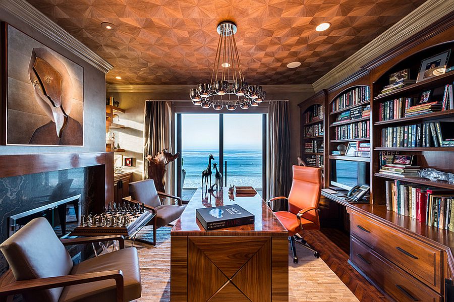 Glamorous home office with an understated fireplace and panoramic view [Design: dRichards Interiors]