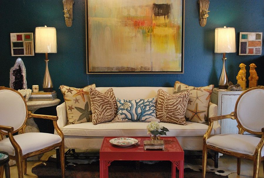 Gold and turquoise eclectic living room [Design: Anna Lattimore Interior Design]