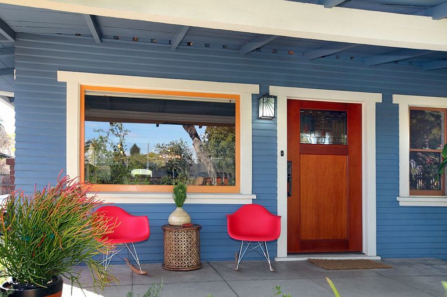 Gorgeous blue shapes the exterior of the renovated Hollywood Craftsman bungalow